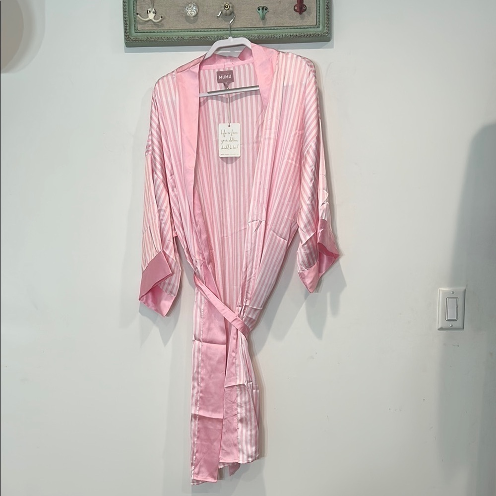 Show Me Your MuMu Pink white candy stripe Robe with Tie Belt o/s new w tag